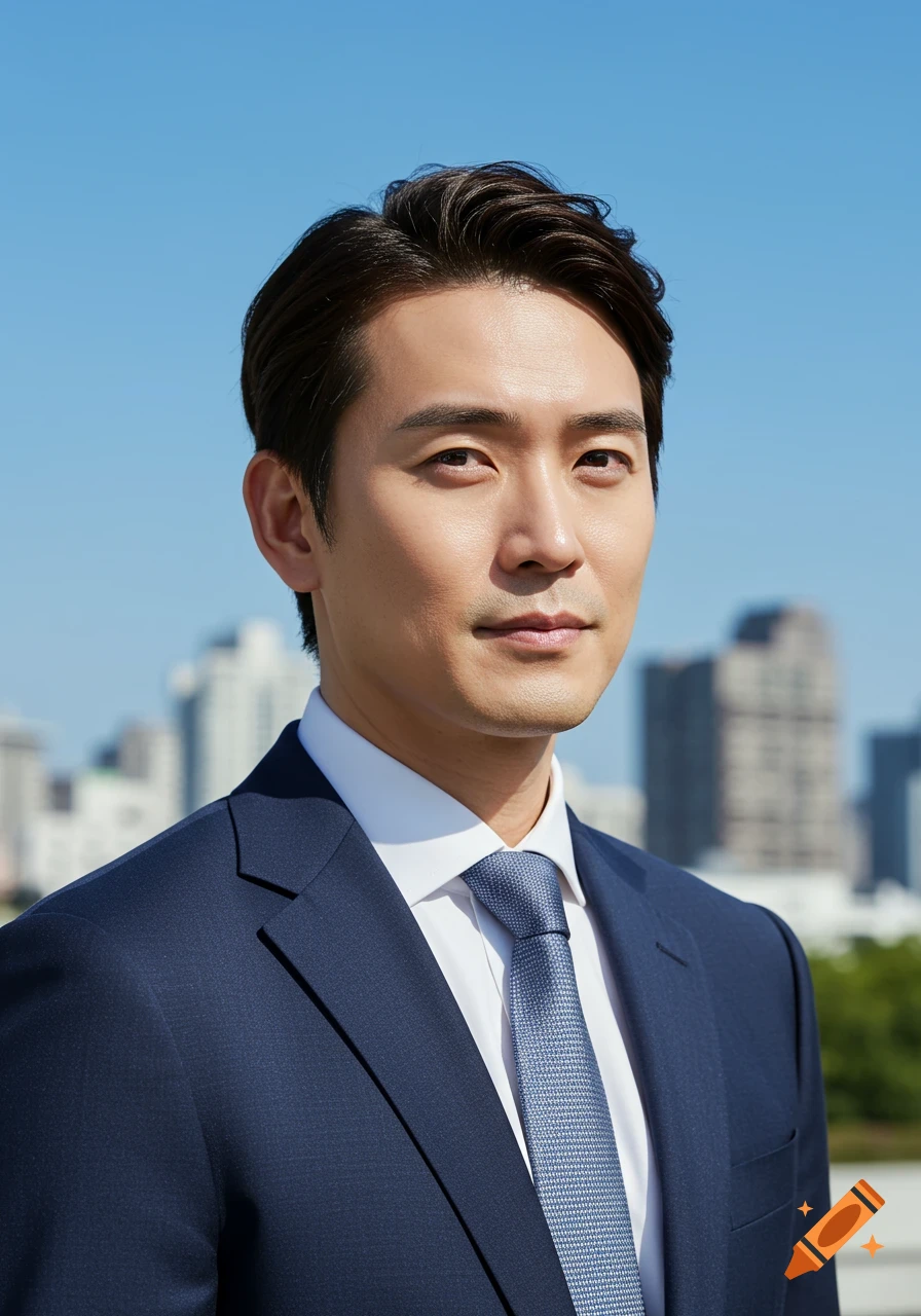 Portrait of a man in a navy suit and light blue tie against a city skyline on a sunny day.