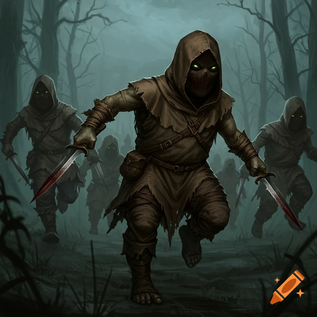 Hooded, masked figures with glowing green eyes and daggers run through a dark, misty forest in a fantasy art style.