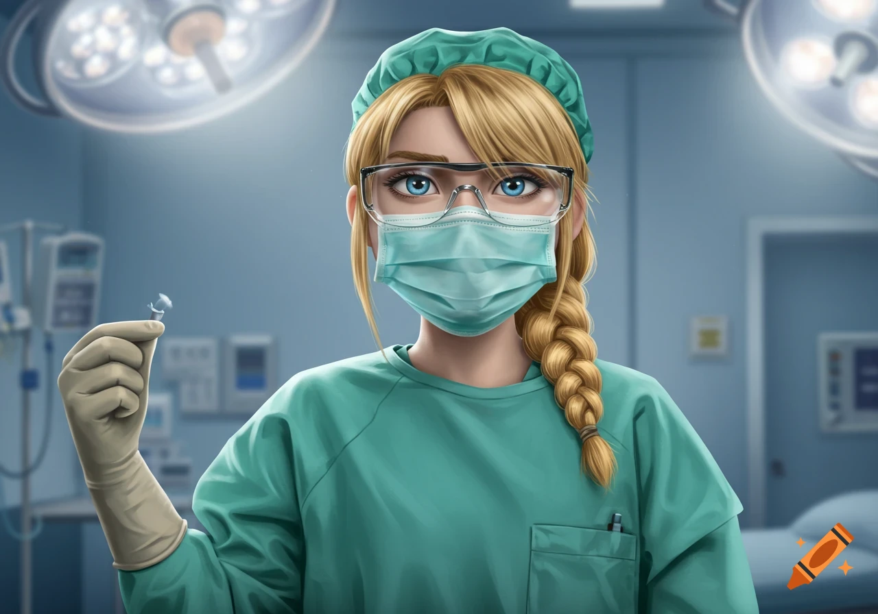 Cartoon blonde female surgeon in scrubs, mask, and goggles holding a small medical device in an operating room.