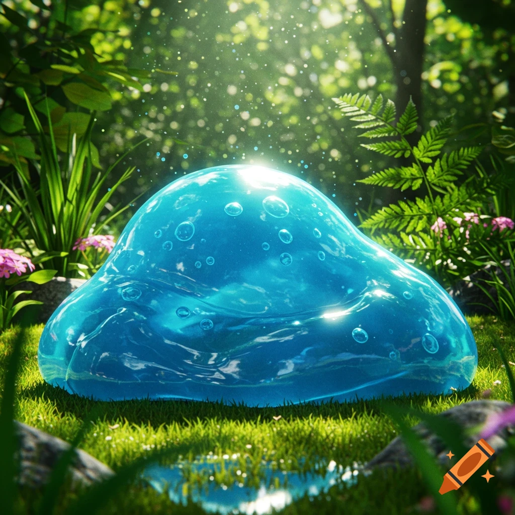 A shiny, translucent blue slime creature with bubbles sits on lush green grass in a sun-dappled forest.