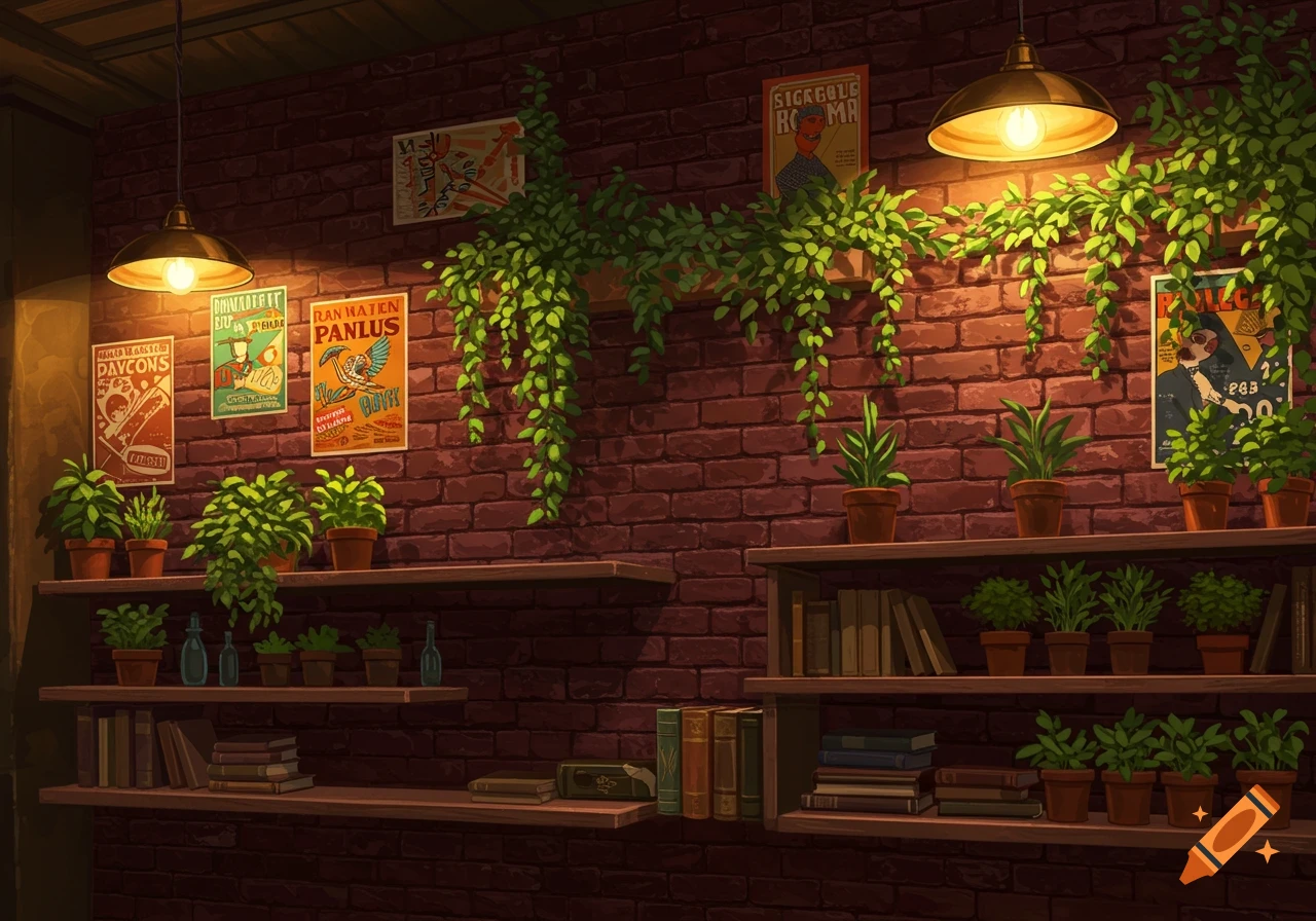 A cozy cafe wall with a brick texture, adorned with hanging plants, potted greenery on wooden shelves, books, and framed vintage-style posters under warm hanging lights.