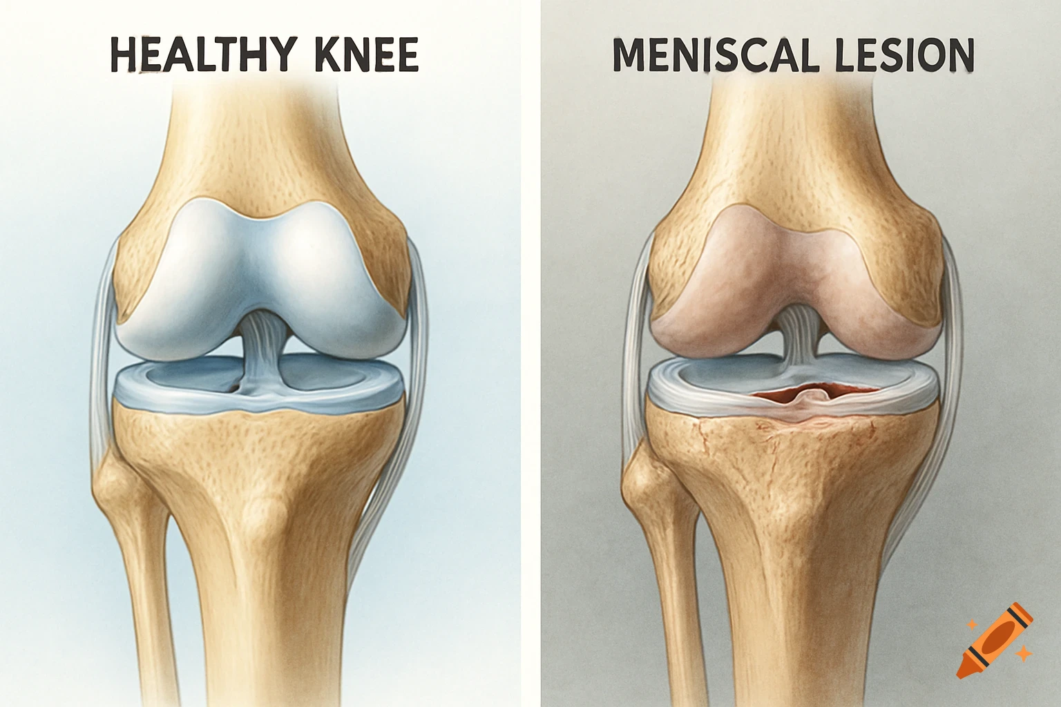 A medical illustration comparing a healthy knee joint to a knee with a meniscal lesion, showing internal bone and cartilage structures.