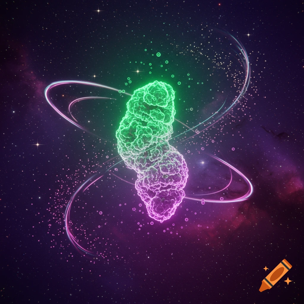 A glowing green and purple abstract particle-like shape in deep space, surrounded by swirling neon rings and stars.