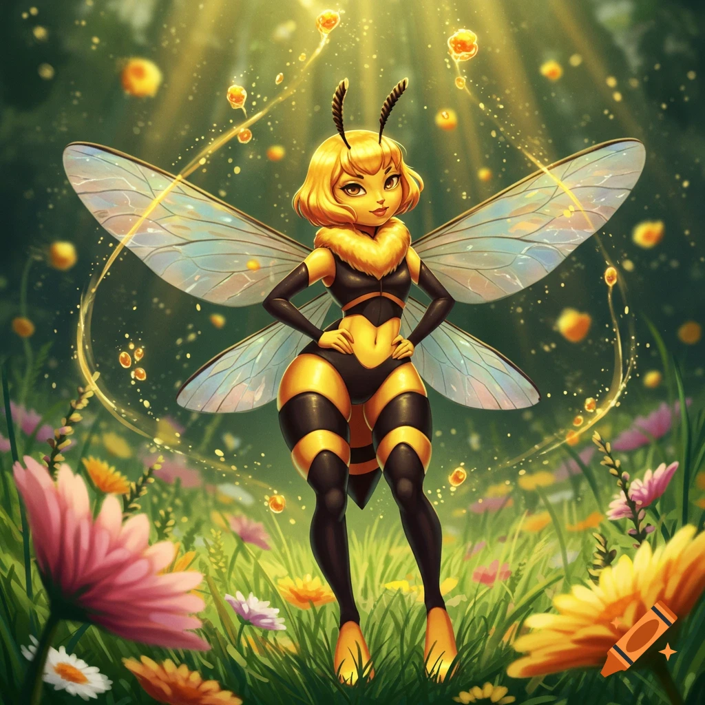 A cartoon anthropomorphic bee girl with short blonde hair and large wings stands confidently in a sun-dappled meadow of colorful flowers.