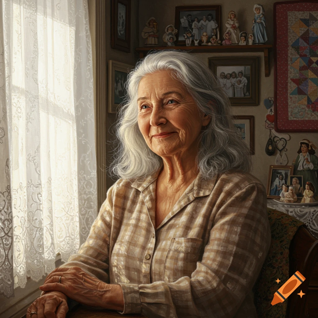 Photorealistic portrait of a smiling elderly woman with grey hair, sitting indoors by a lace-curtained window, surrounded by family photos.