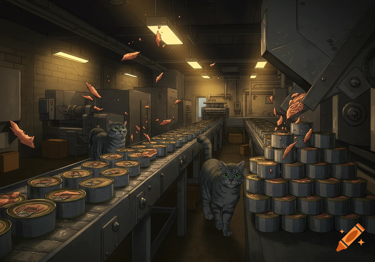 Two grey tabby cats in a dark, illustrated cat food cannery, with cans on conveyor belts and meat falling.