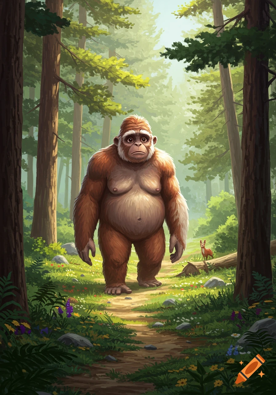 A friendly, concerned sasquatch walks down a winding path in a lush, stylized forest with tall trees and a small deer.
