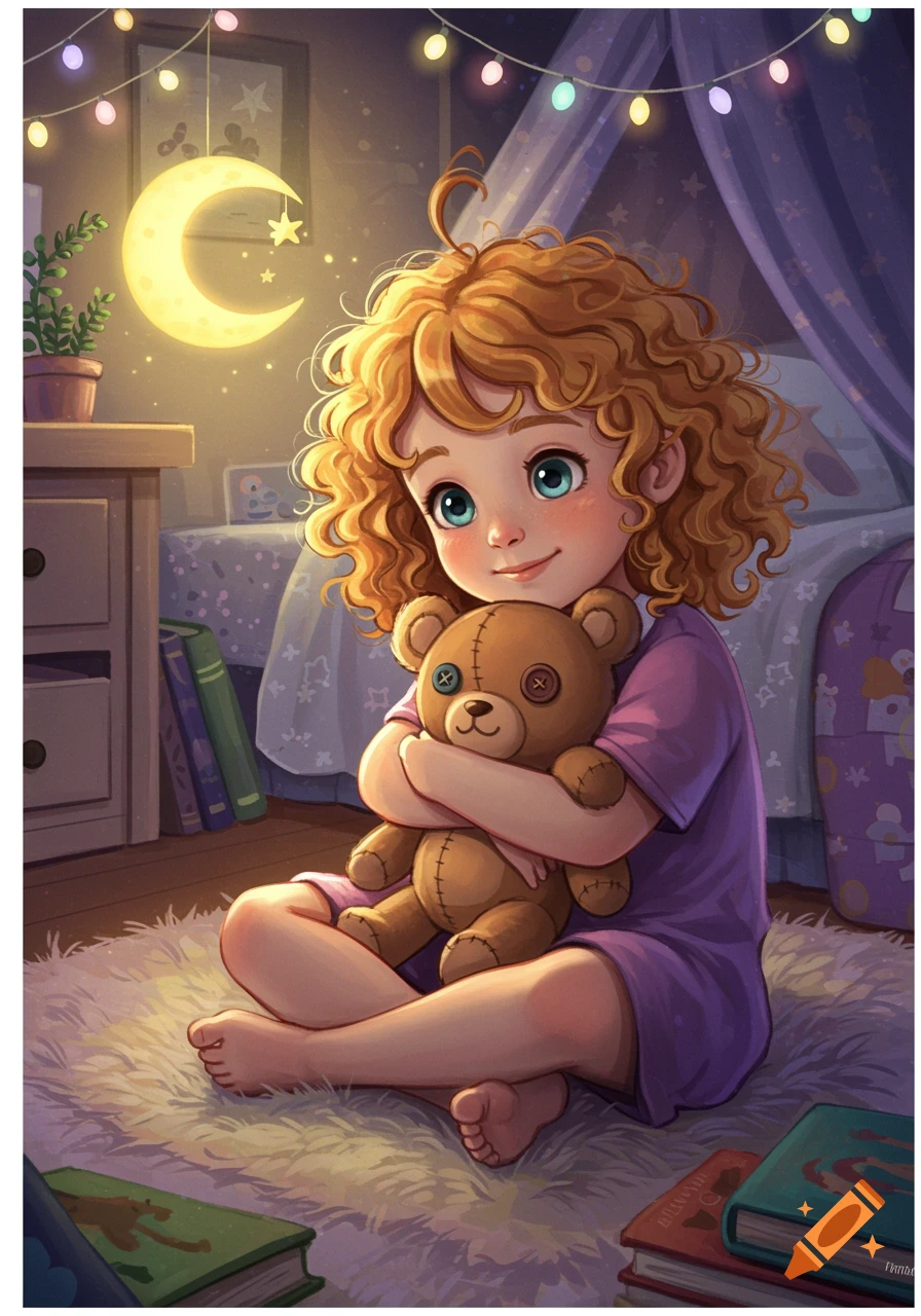 A curly-haired child in a purple dress hugs a teddy bear while sitting on a rug in a magical bedroom with string lights and a glowing crescent moon.