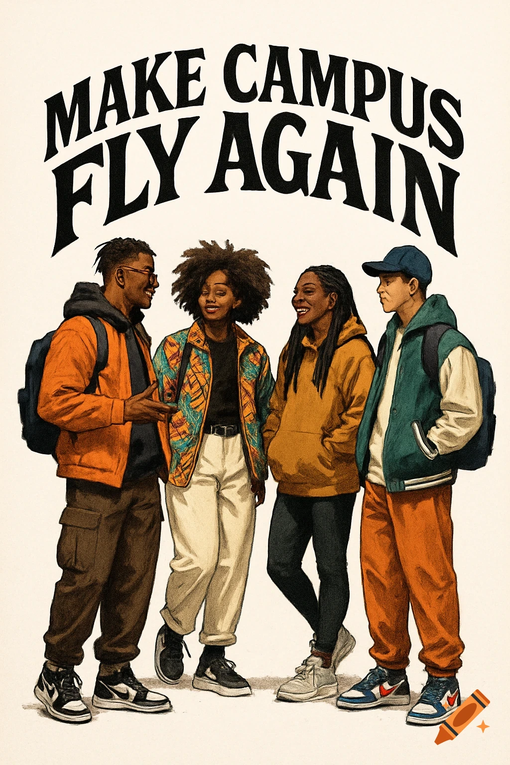 An illustration of four smiling young adults in streetwear with backpacks, standing together. Above them, the text reads "Make Campus Fly Again".