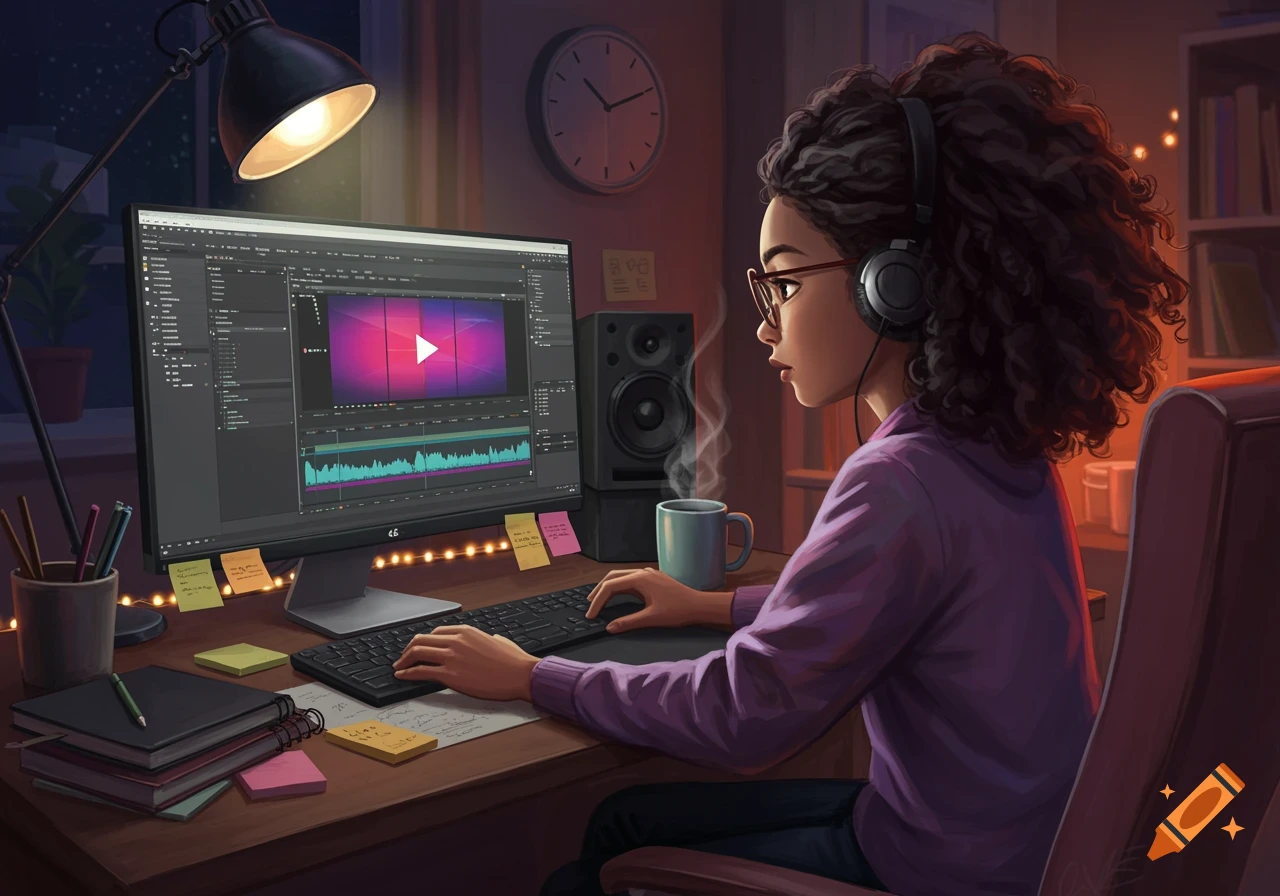 An animated young girl with headphones and glasses focused on a computer screen displaying video editing software at a brightly lit desk.