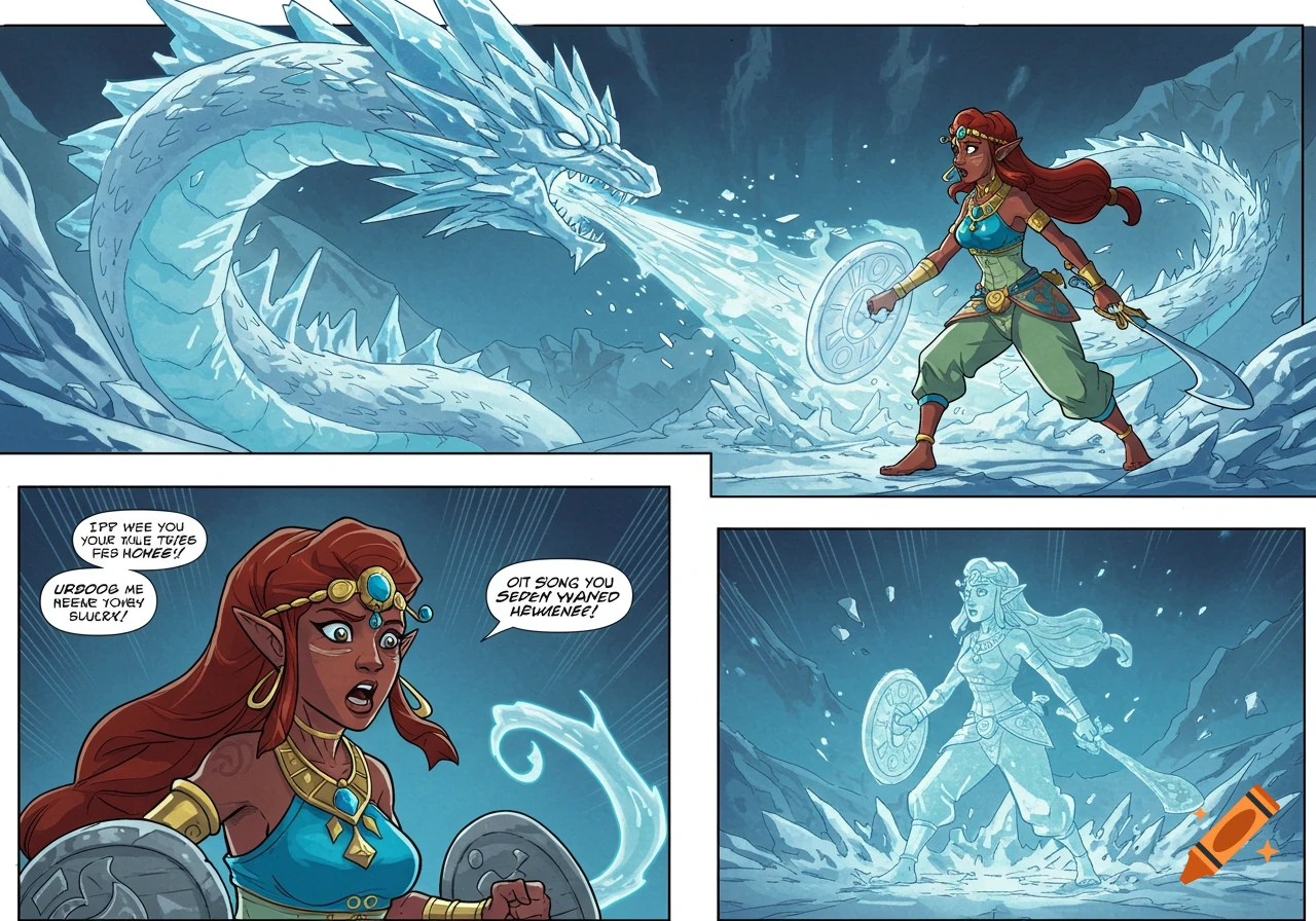 A comic book page showing an ice dragon breathing ice at a warrior, followed by a panel of her surprised and turning into an ice statue.