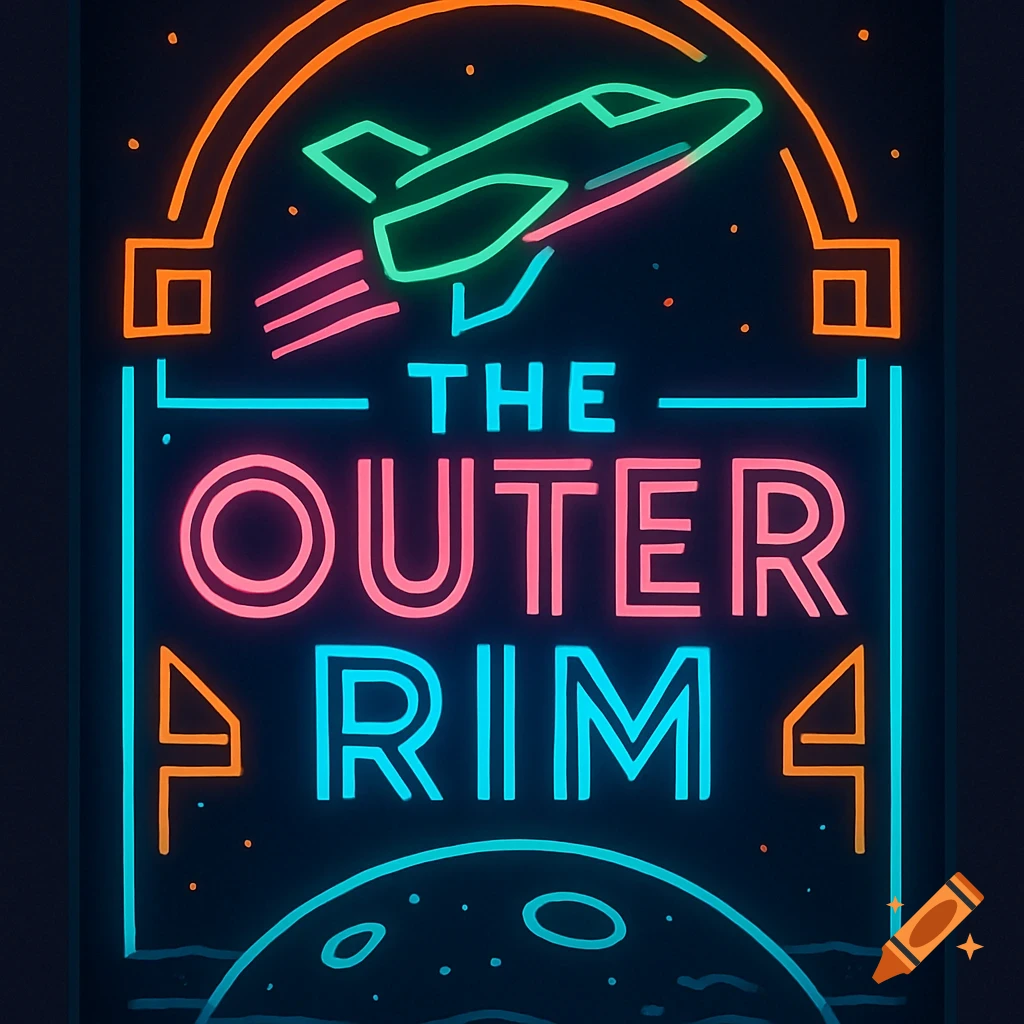 A vibrant neon sign on a black background displays a spaceship and the words 'THE OUTER RIM' above a moon surface.