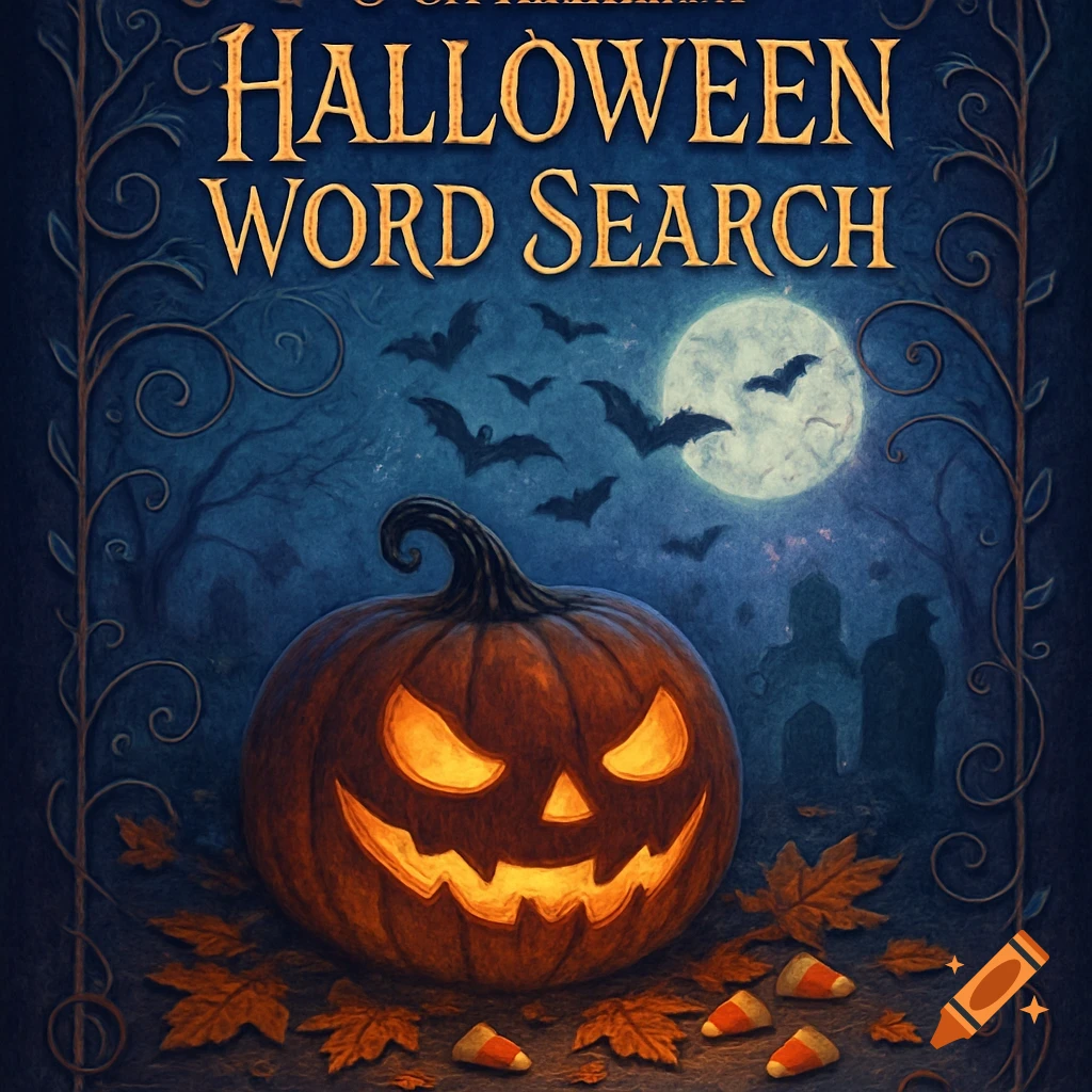 A spooky Halloween book cover featuring a glowing jack-o'-lantern, bats flying under a full moon, and text 'Halloween Word Search'.