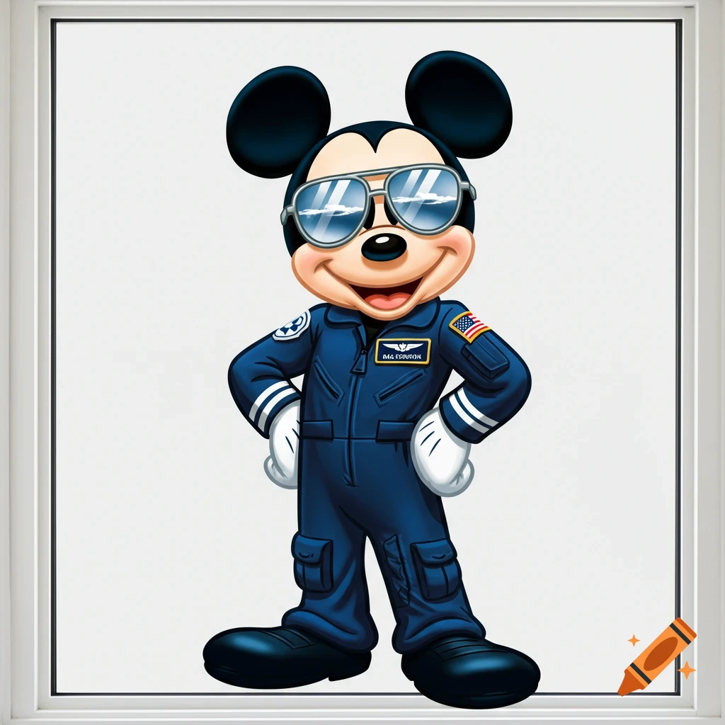 Mickey Mouse wearing aviator sunglasses and a dark blue pilot jumpsuit with patches, standing with hands on hips.