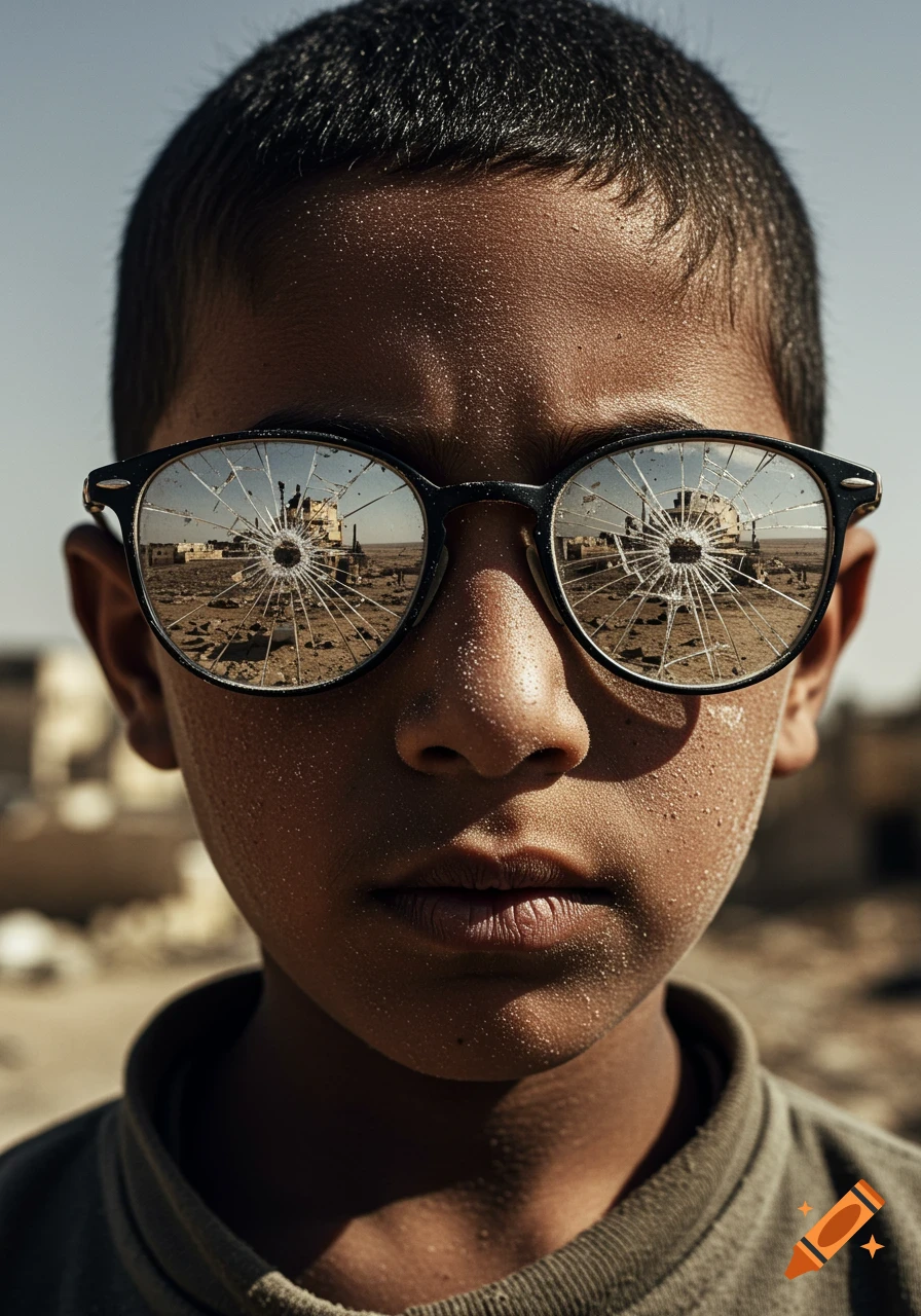 Close-up photorealistic portrait of a young boy with a serious expression, looking through shattered glasses reflecting a desolate, war-torn landscape.