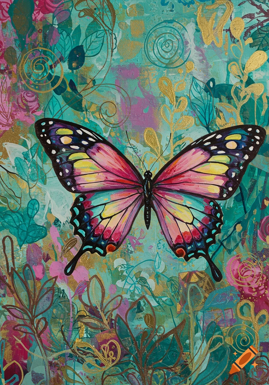 Vibrant painting of a colorful butterfly against an abstract, gold-accented floral and leafy background.
