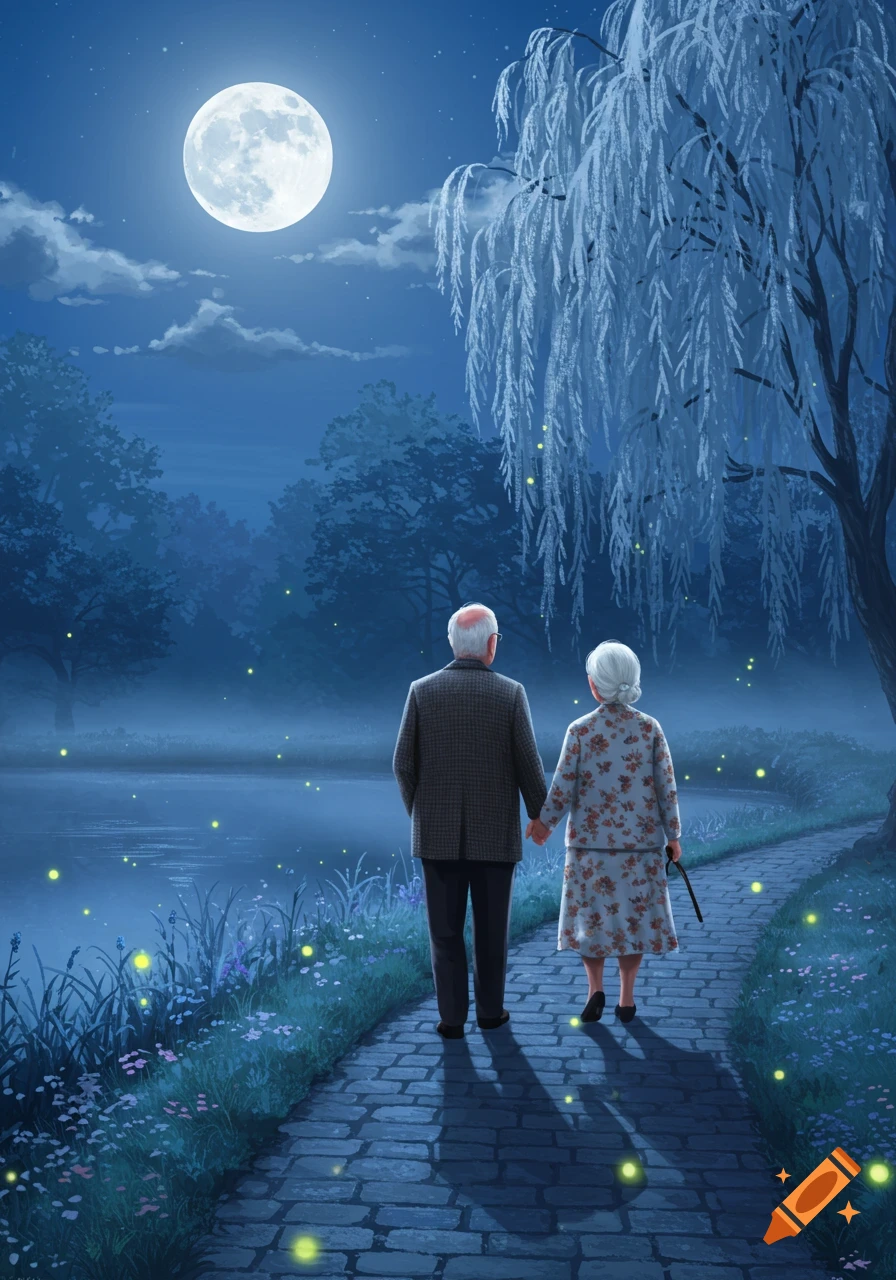Illustrative scene of an old couple holding hands, walking along a brick path by a lake under a full moon and willow tree, with glowing fireflies.
