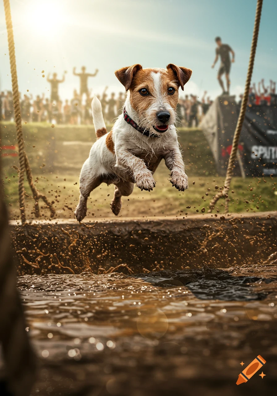 A determined Jack Russell Terrier leaps over a muddy obstacle, splashing water and mud, during a race with spectators in the background.