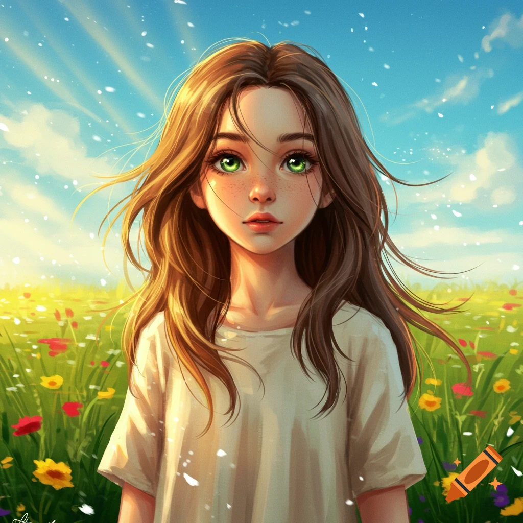 An anime girl with long brown hair and green eyes stands in a vibrant sunlit field of colorful flowers.