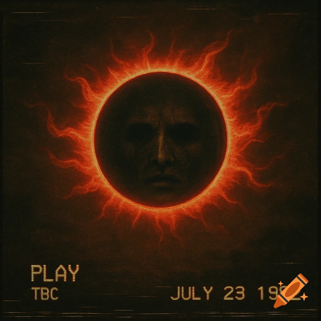A retro VHS-style image of a dark, eerie face within a fiery red solar eclipse, with text overlays.