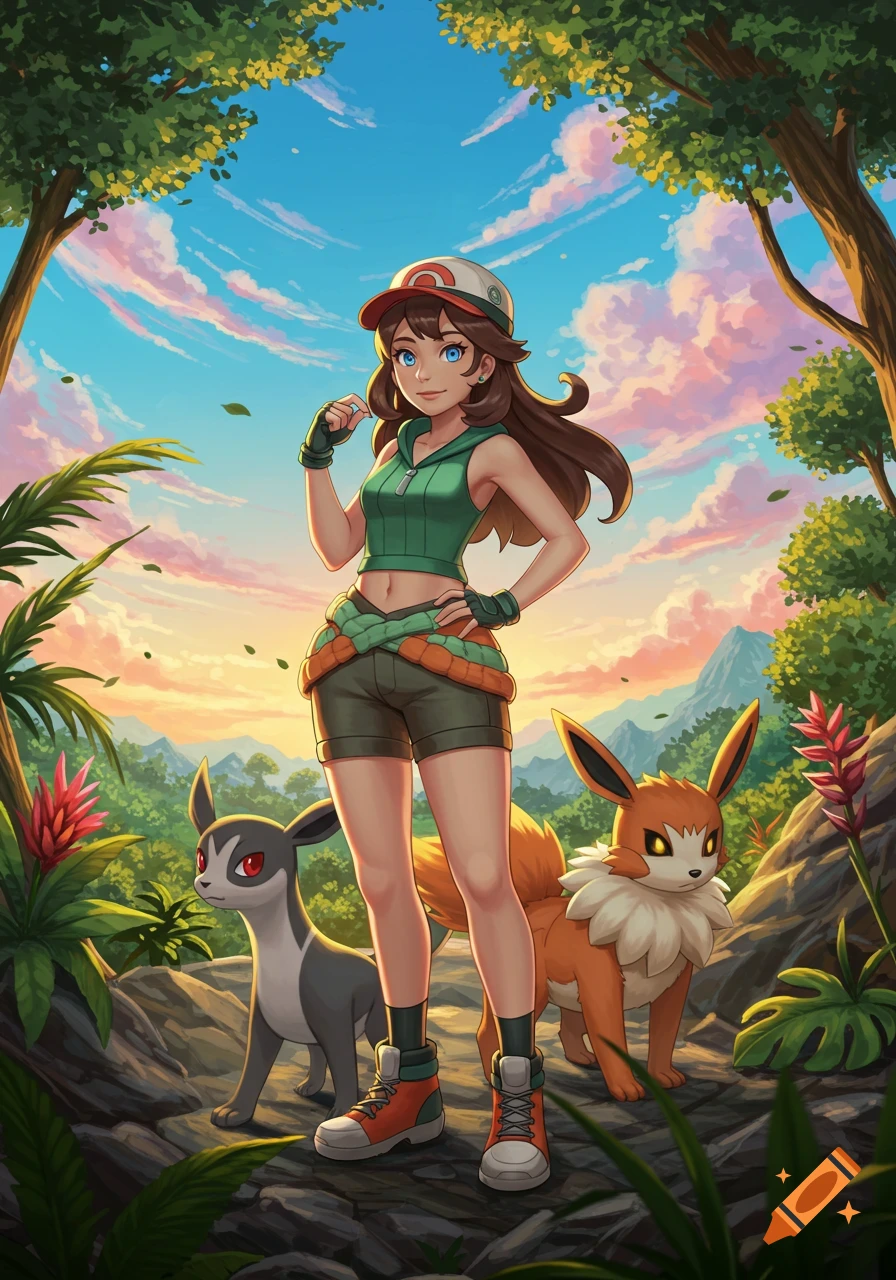An anime-style female Pokémon trainer with two Pokémon (Eevee and a gray creature) in a lush jungle setting at sunset.