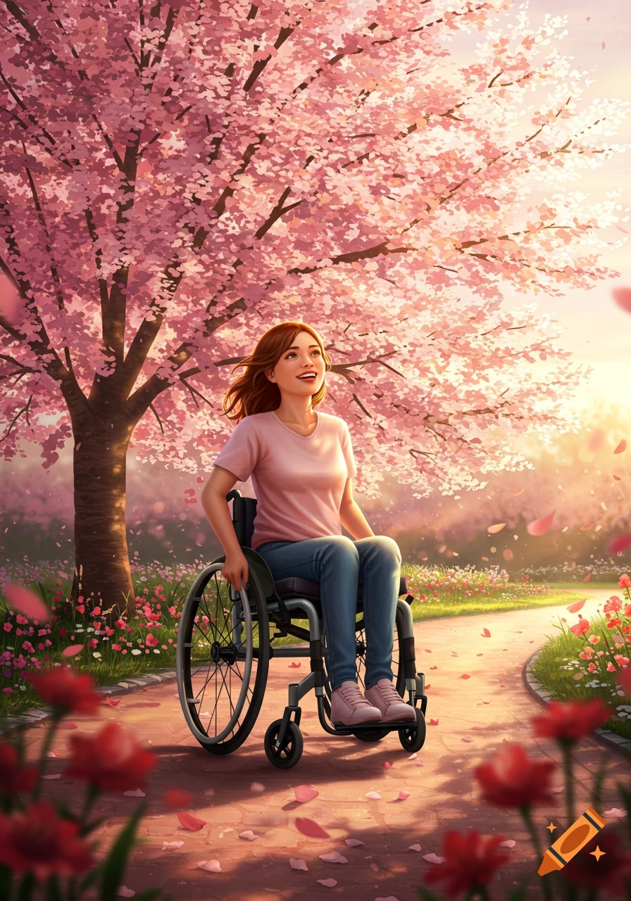 A young woman in a wheelchair smiles, looking up under a vibrant pink cherry blossom tree with petals on a park path.