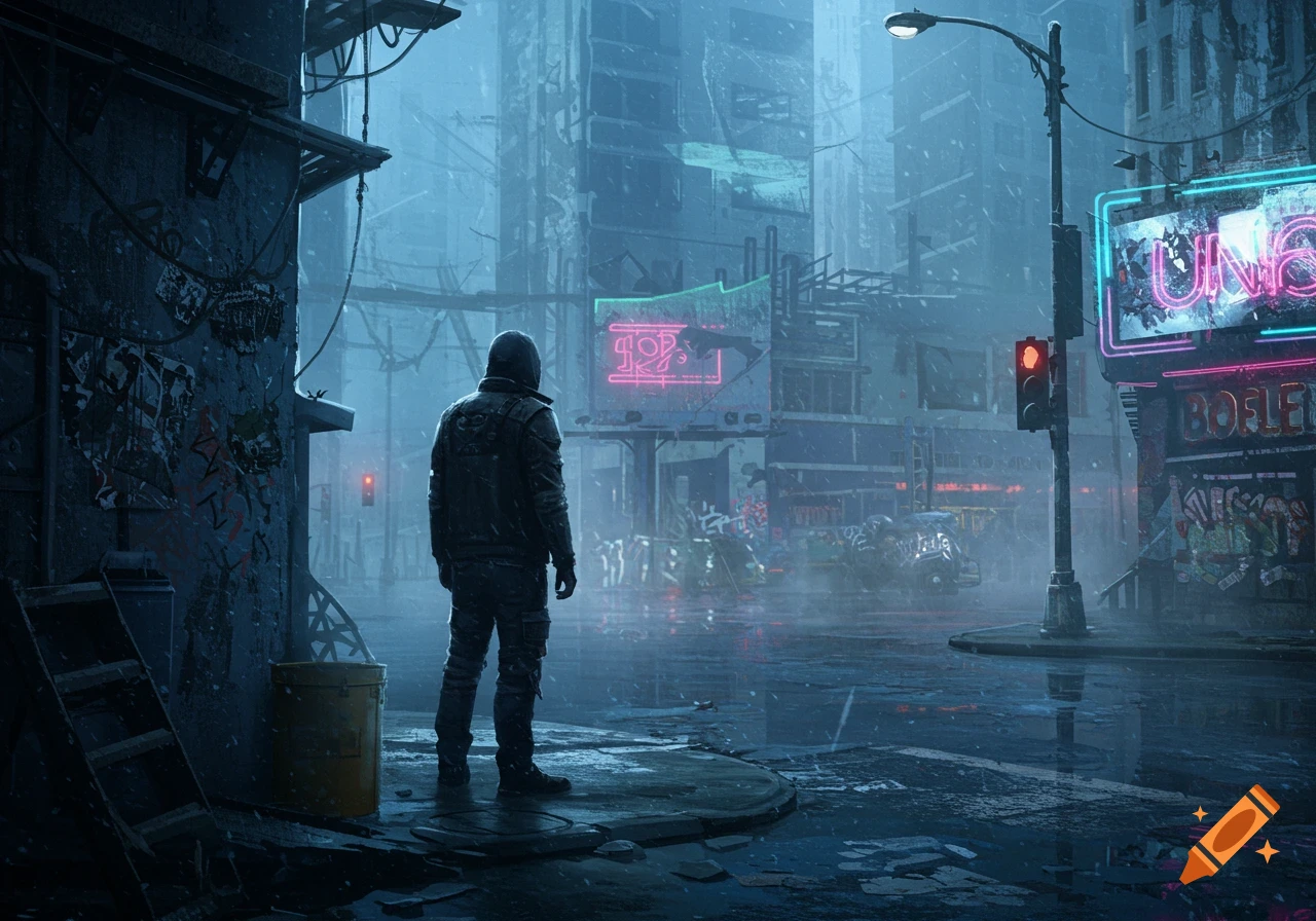 A lone figure in a hooded jacket stands on a wet street, looking into a futuristic, rainy cyberpunk city with neon signs and tall buildings.