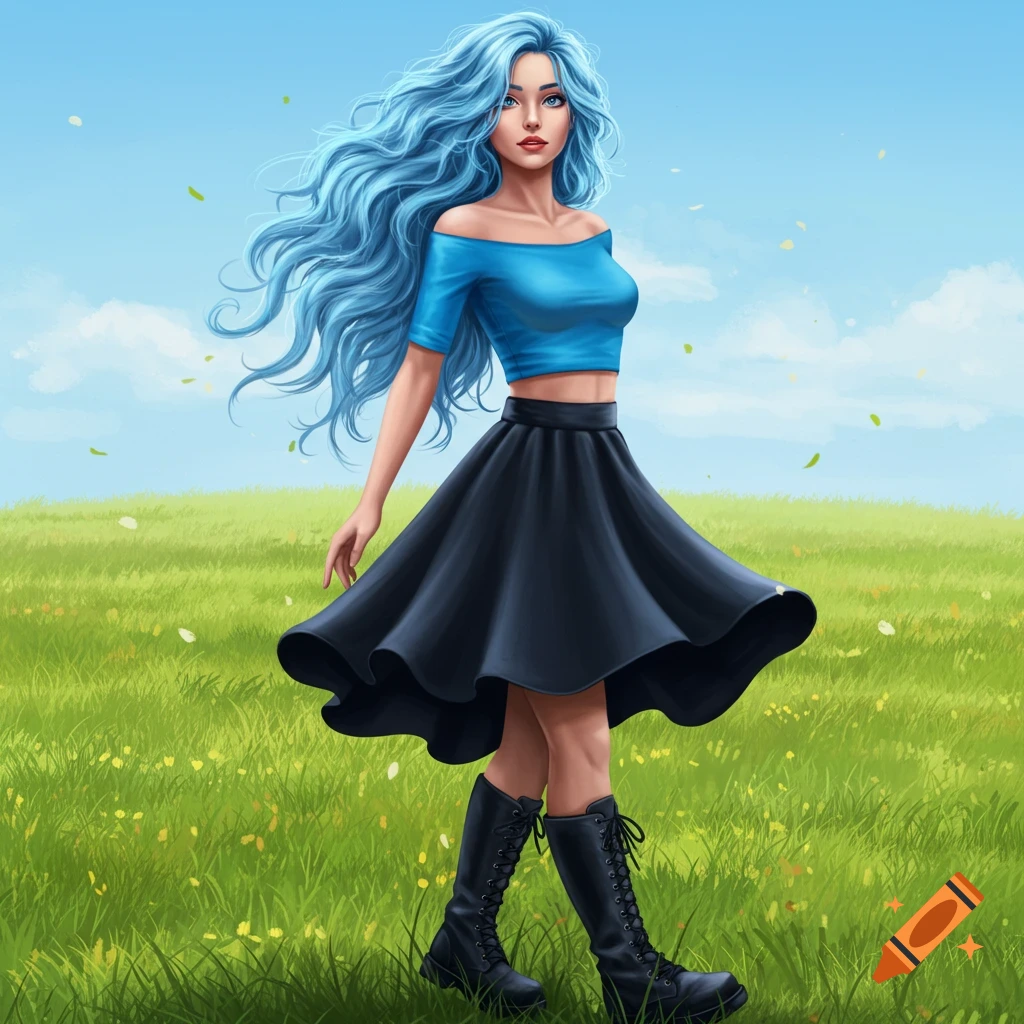 A stylized illustration of a woman with long blue hair, wearing a blue crop top, black skirt, and black boots, walking in a green field.