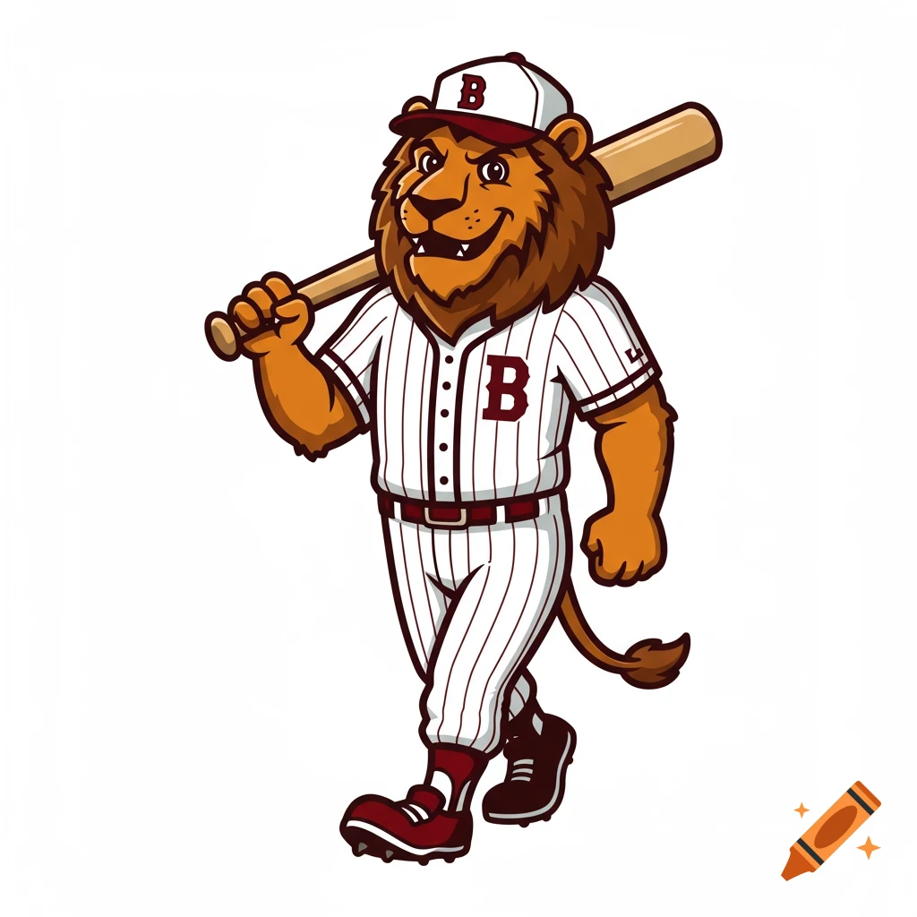 A cartoon lion baseball player mascot, smiling and walking, wearing a white uniform with maroon pinstripes and a cap, holding a bat.