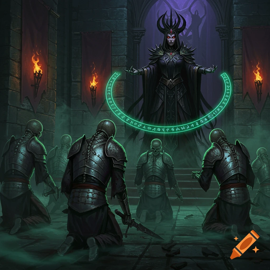 Dark sorceress casts a green spell over kneeling skeleton warriors in a gothic hall, dark fantasy art style.