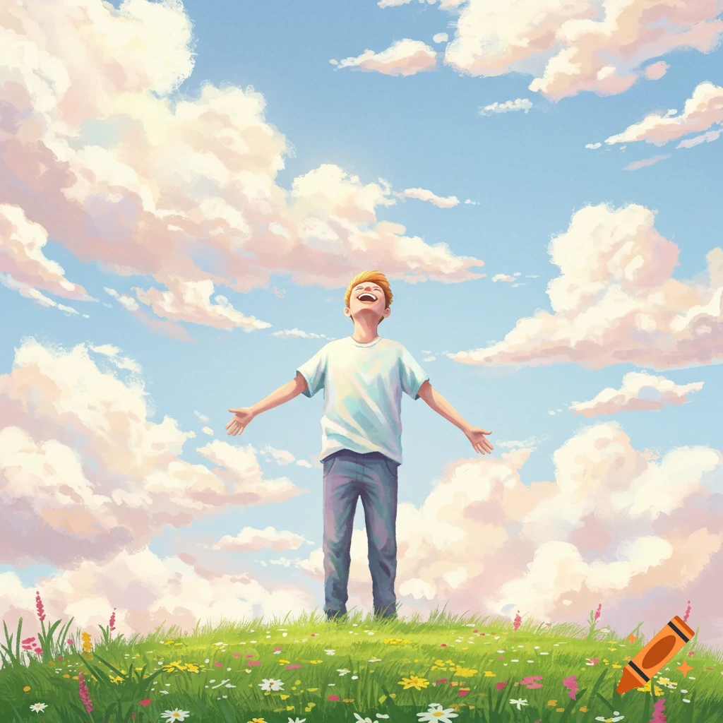 A joyful boy with outstretched arms stands in a sunny, flower-filled field under a blue sky with fluffy clouds. Illustration.
