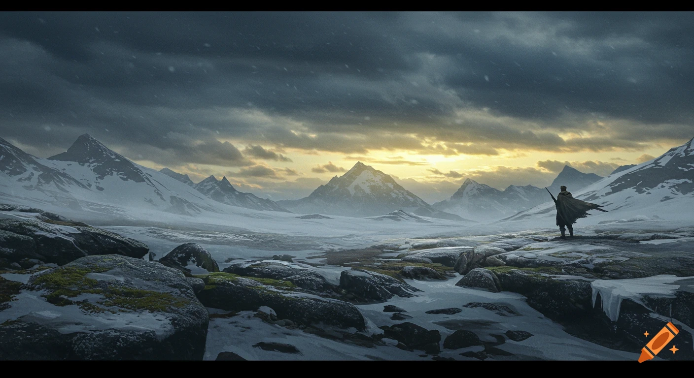 A lone soldier with a weapon stands in a harsh, snowy, rocky tundra landscape under a dramatic cloudy sky with a golden glow.