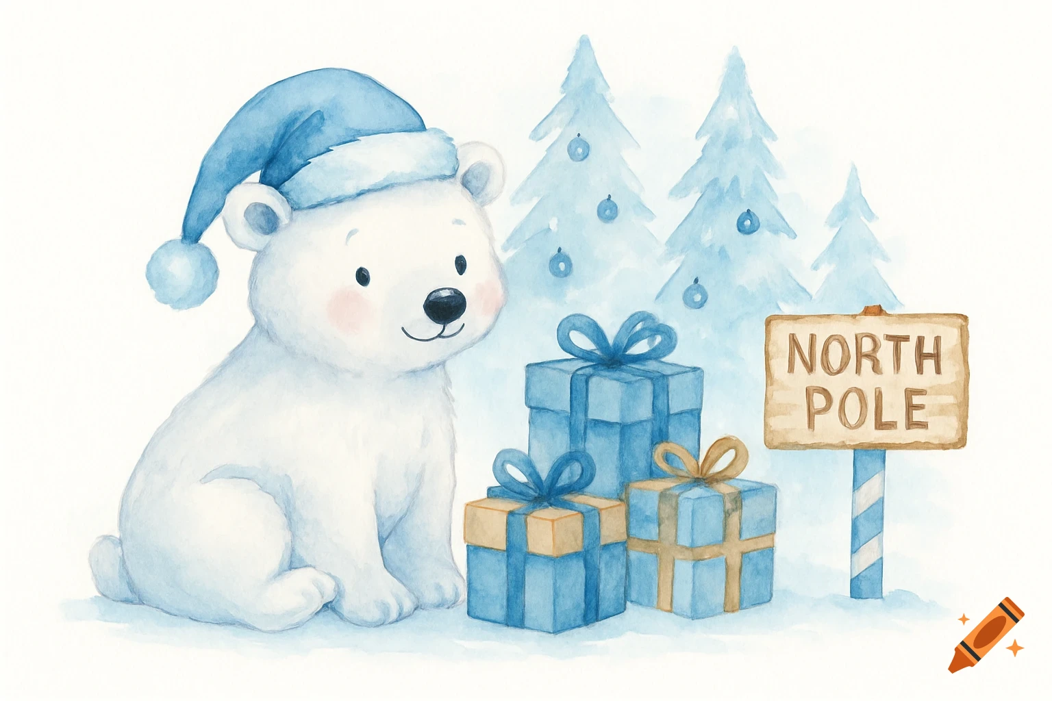 A cute watercolor polar bear in a blue Santa hat sits by blue and gold presents and a 'North Pole' sign with pine trees.