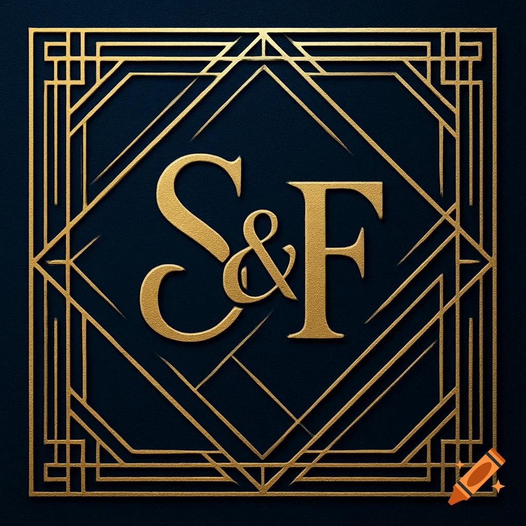 Gold Art Deco geometric design with the initials 'S & F' in the center on a navy blue background.