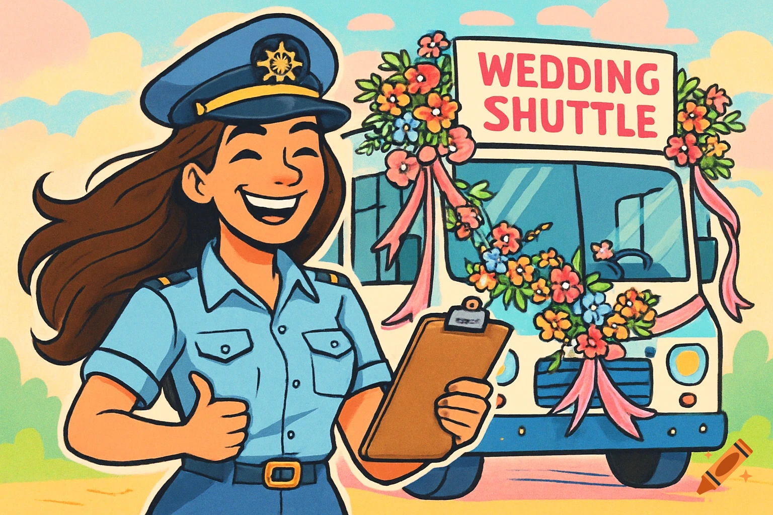 A smiling cartoon woman in a captain's uniform gives a thumbs up, holding a clipboard next to a decorated 'WEDDING SHUTTLE' bus.
