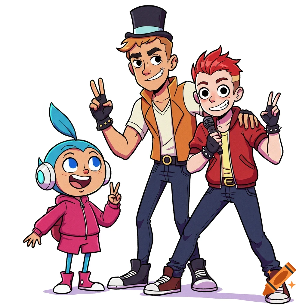 Cartoon illustration of three characters: a small blue creature in pink, a man in a top hat, and a red-haired man with a mic, all making peace signs.