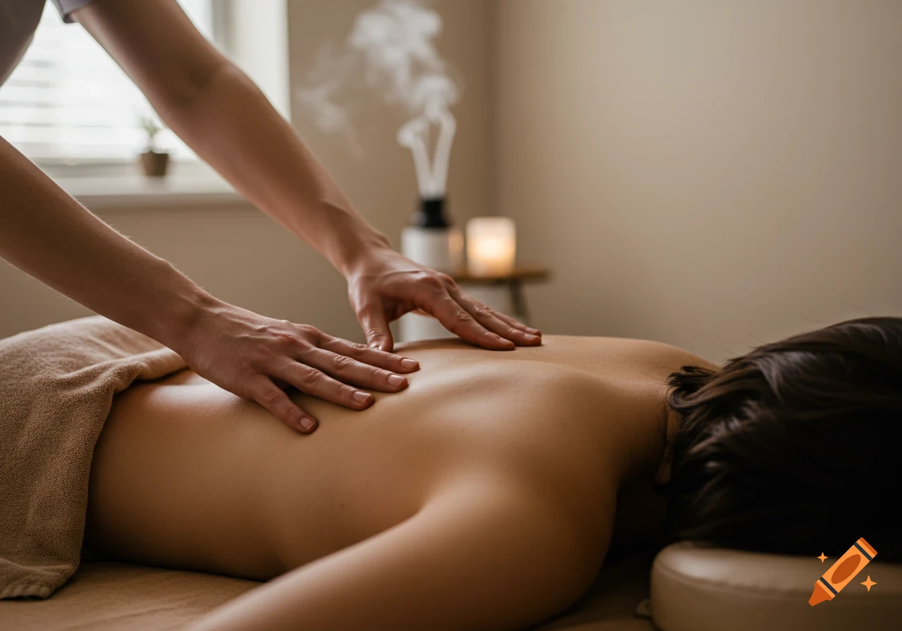 A person lies face down on a massage table receiving a back massage in a calming spa room.
