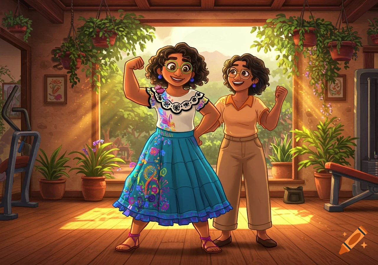Cartoon Mirabel flexing in a sunny gym with her mother, surrounded by plants.
