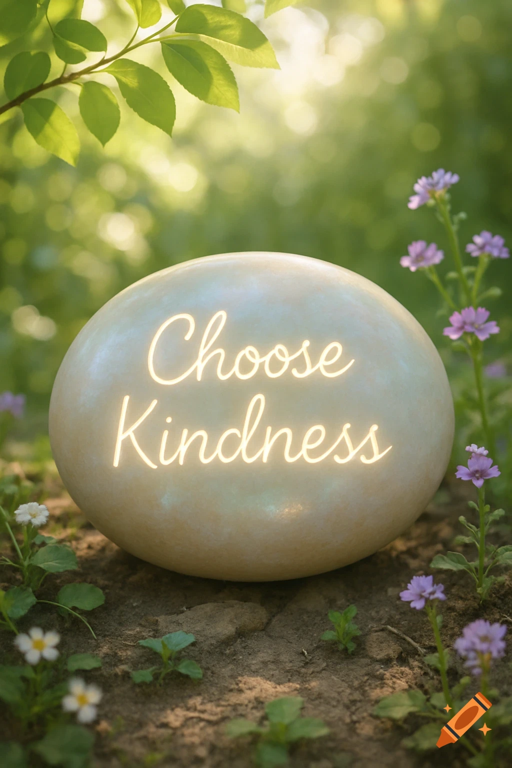 A glowing rock inscribed with 'Choose Kindness' in a sunlit garden with green foliage and small flowers.
