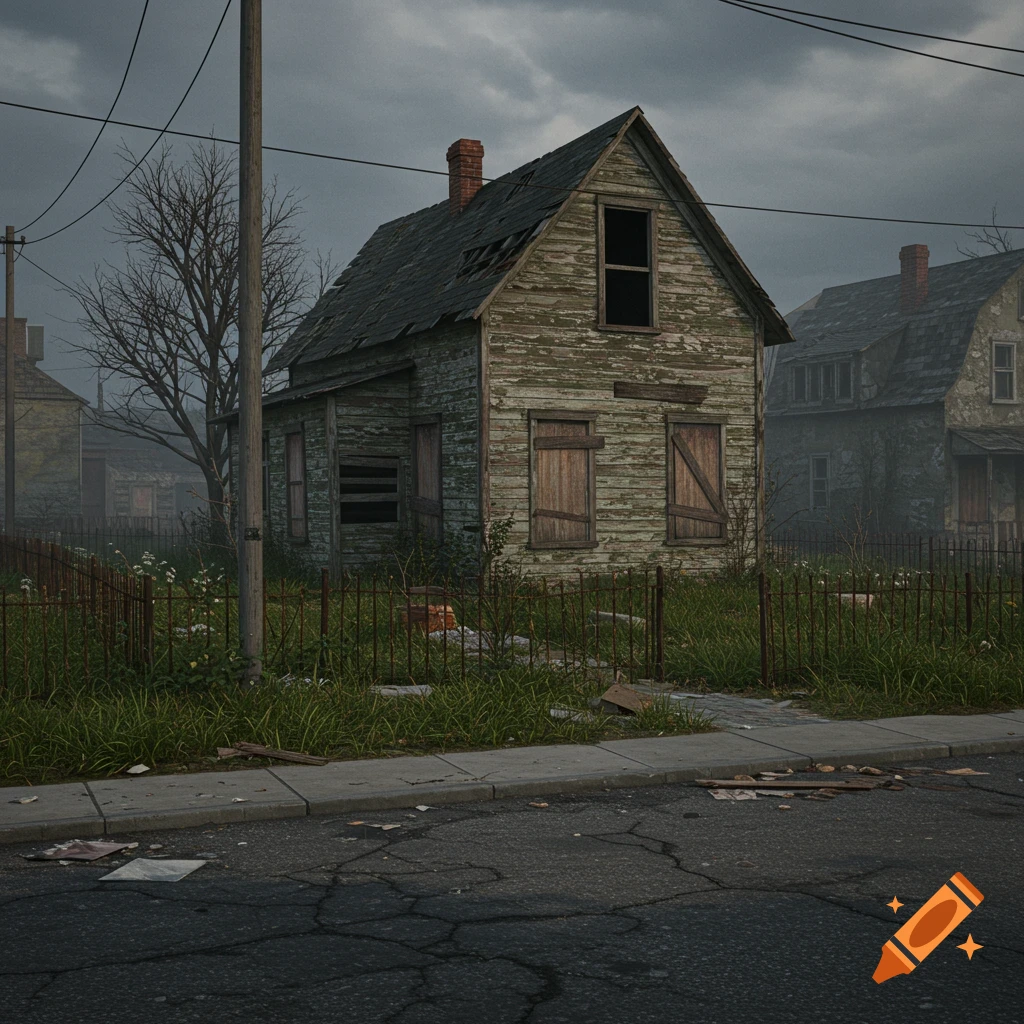 A photorealistic depiction of a derelict, peeling house with boarded windows in a rundown neighborhood under a cloudy sky.