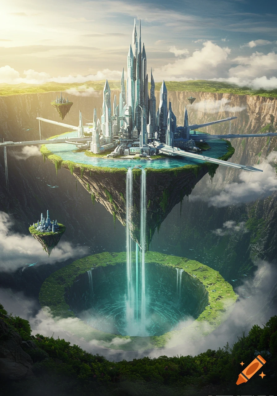 A majestic, futuristic city on a floating island, with grand spires and waterfalls descending into a vast, lush crater below.