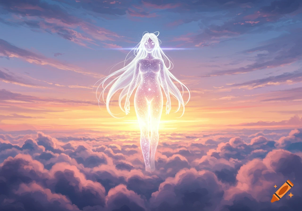 An ethereal, luminous anime goddess with long flowing hair stands above a vibrant sunset sky filled with pink and purple clouds.