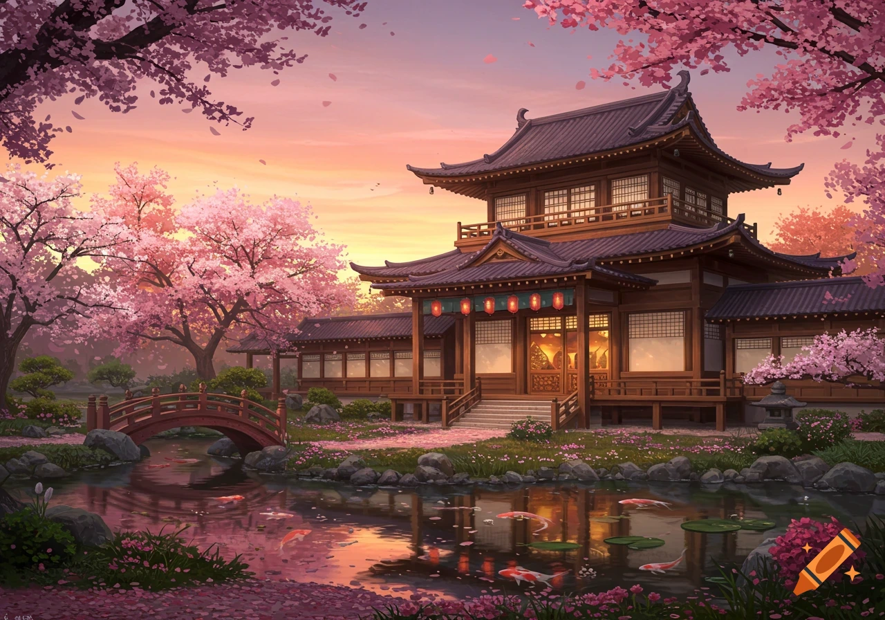 Traditional Japanese building with cherry blossoms, wooden bridge over a koi pond at sunset, in an anime style.