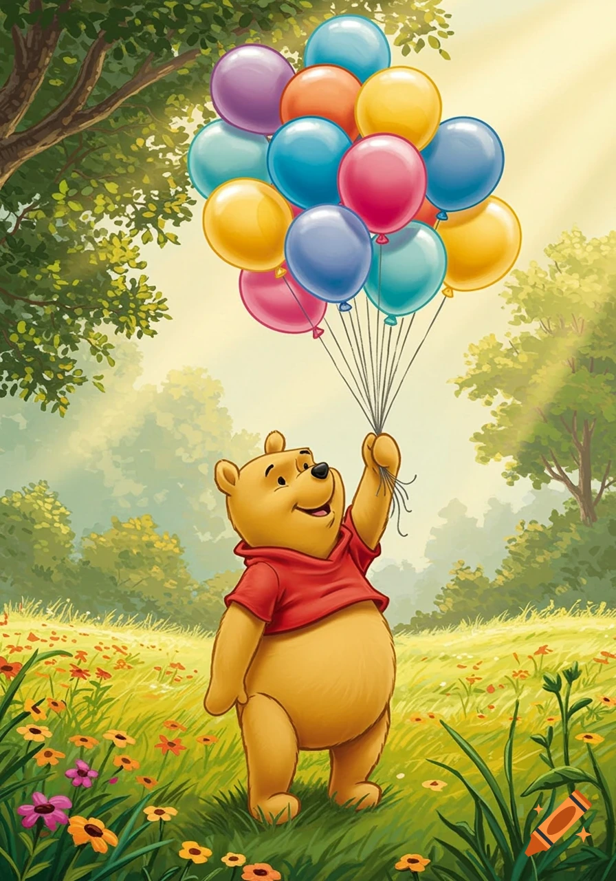 Winnie the Pooh smiling and holding many colorful balloons in a sunny, flower-filled meadow.