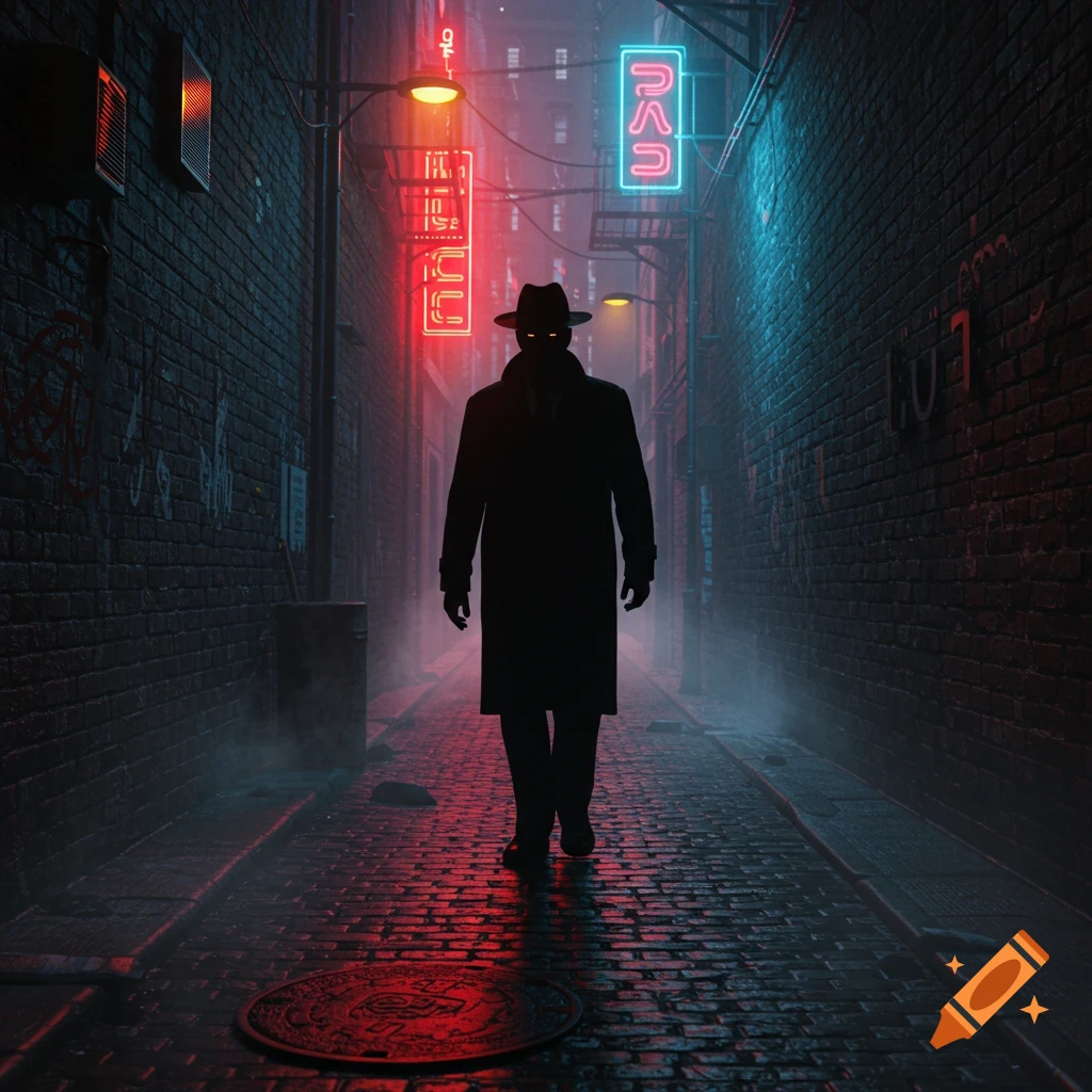A shadowy figure in a trench coat and fedora walks down a dark, misty alleyway illuminated by red and blue neon signs. The cobblestone path reflects the light.