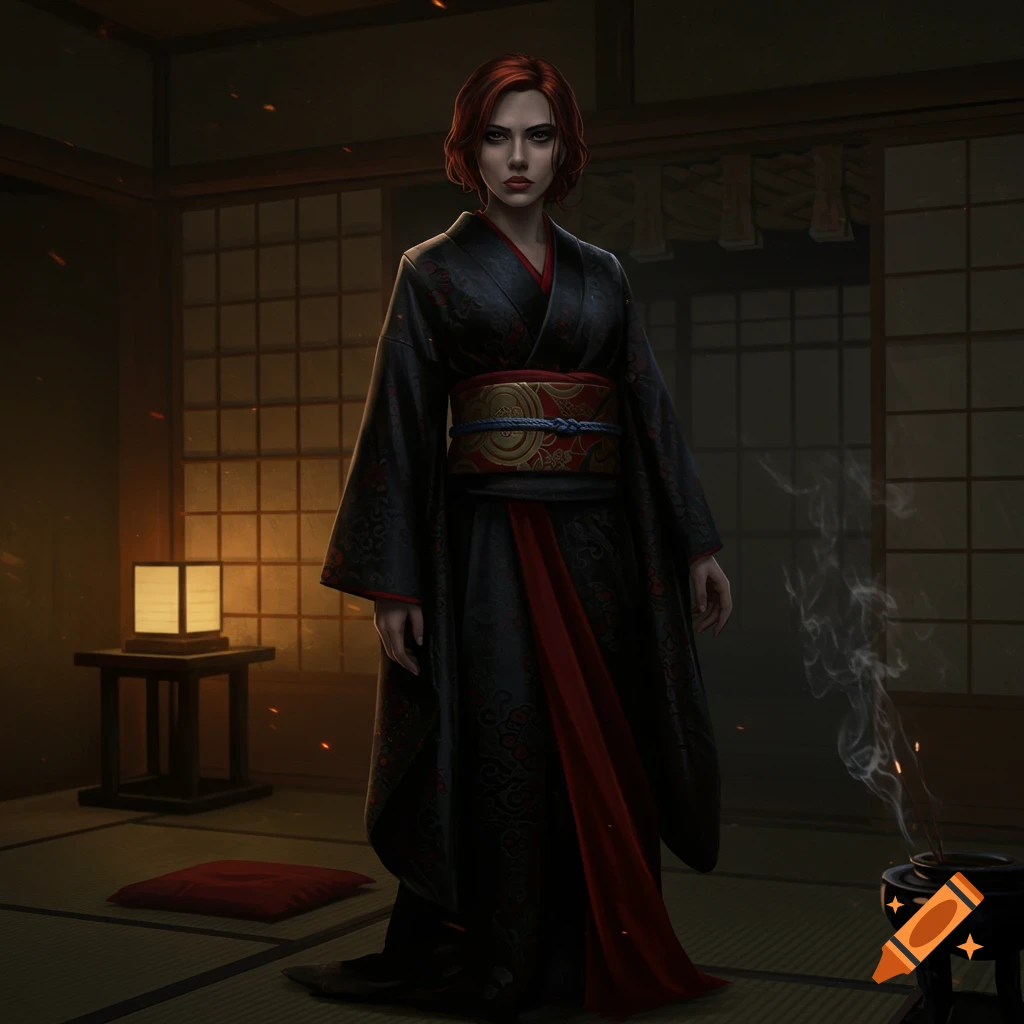 A red-haired woman in a dark kimono with red accents stands in a dimly lit traditional Japanese room with an incense burner.