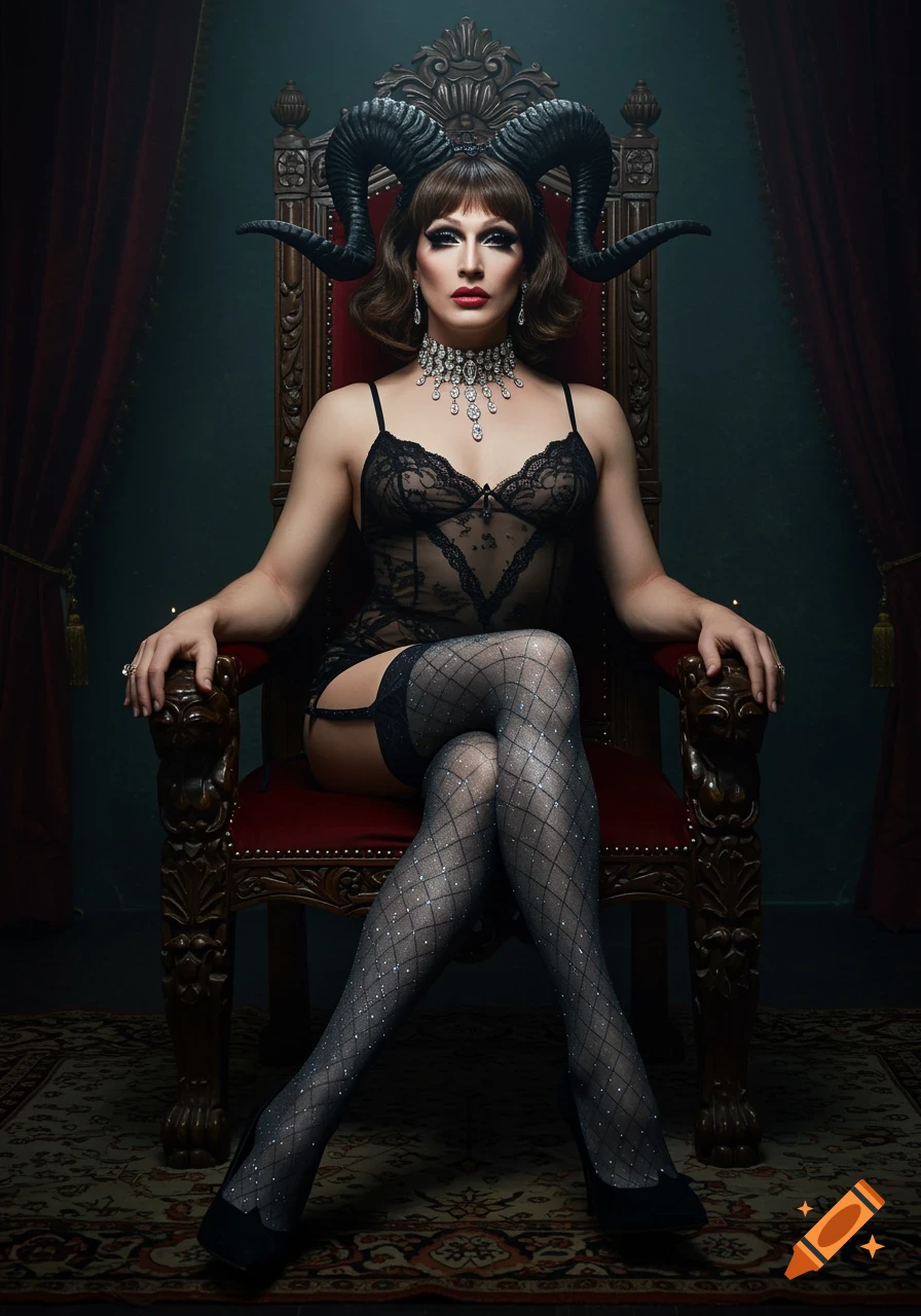 A drag queen with ram horns, dramatic makeup, and a sheer black slip sits regally on a throne in a moody boudoir.