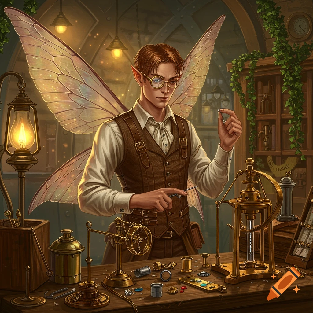 A male fairy artificer in steampunk attire, with translucent wings, works on brass mechanisms at a cluttered workbench.