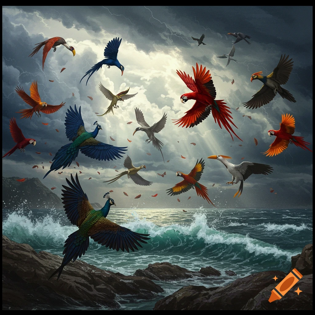 Vibrant birds, including peacocks and parrots, fly over a stormy ocean with lightning.