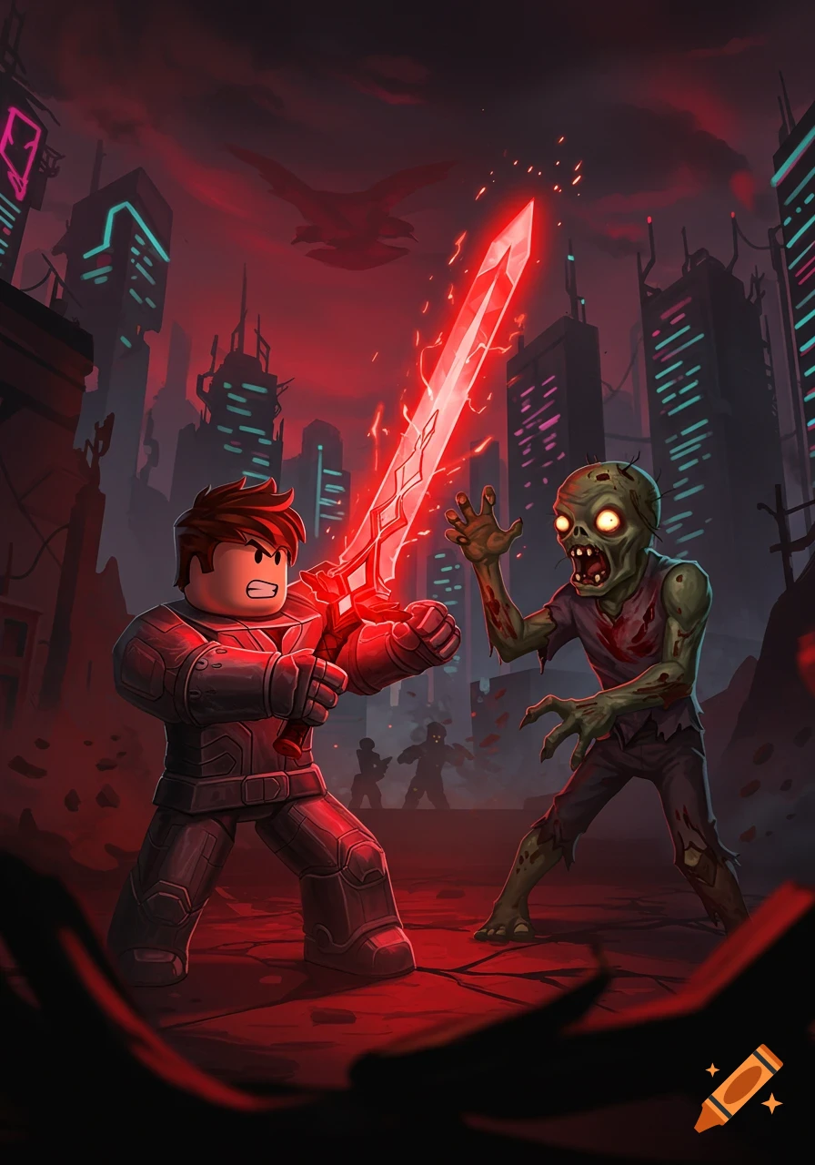 Roblox-style character fights a zombie with a glowing red sword in a dark, futuristic city.
